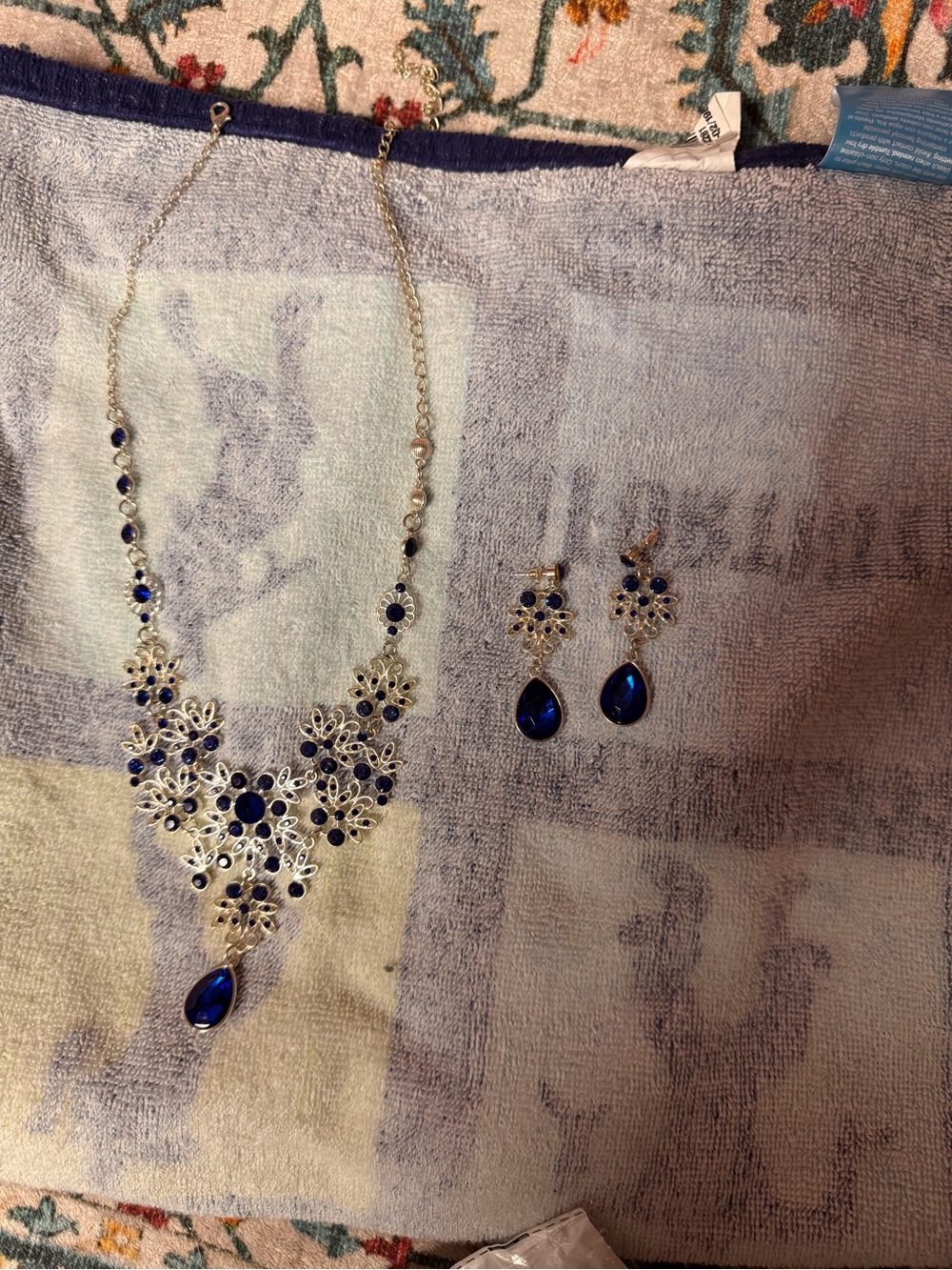 Silver Floral Statement Necklace & Earrings Set with Deep Blue Stones